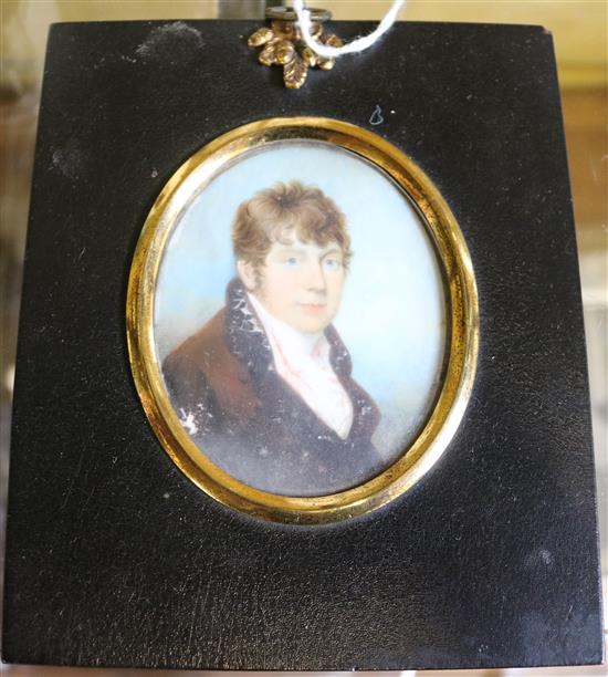 19C English School, watercolour, miniature portrait of a young gentleman, John Hopkins (a.f)